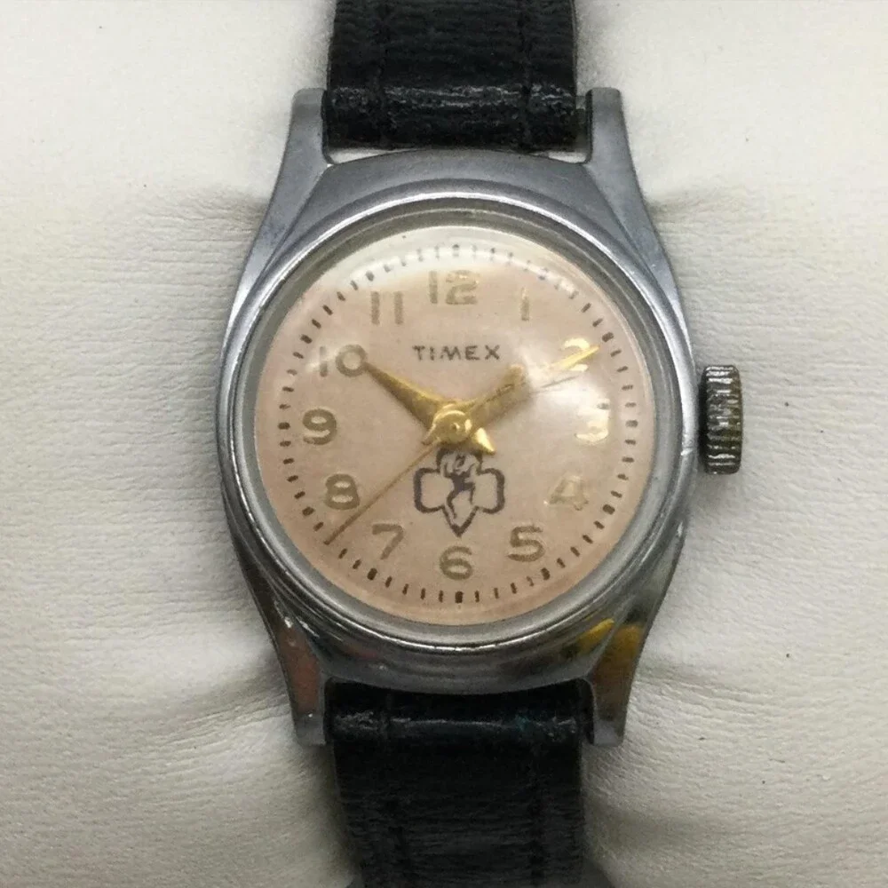 Vintage Timex Girls Scouts Watch 23mm Cream Dial Black Leather Manual Wind